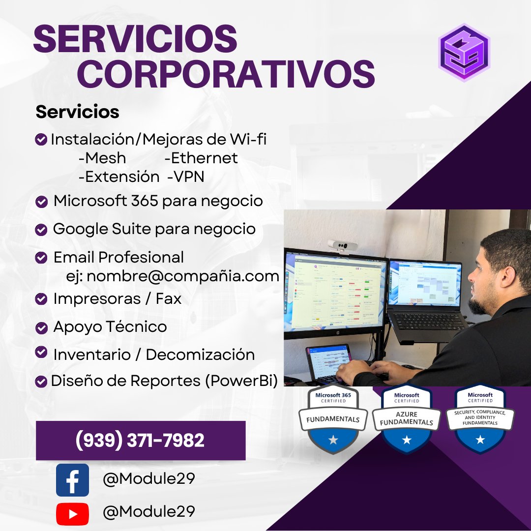 Module29pr's tweet image. 🚨¿Necesitas ayuda con las computadoras de tu casa o negocio? 🚨
💻Reparación de computadoras
📧Email Profesional
🌐Páginas Web sin pagar mensualidades
🛜Redes Wi-Fi
🧰Otros Servicios
Ofrecemos orientación gratuita: module29.net/contact-us
#module29 #computadoras #puertorico