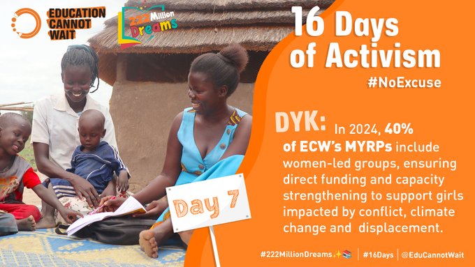 KentPage's tweet image. #Day7 of #16Days: Empowering local women-led organizations is key to #GenderTransformative education!

In 2024, 40% of @EducannotWait’s MYRP consortia include local women-led organizations, ensuring  funding as directly as possible &amp;amp; institutional capacity strengthening for a…