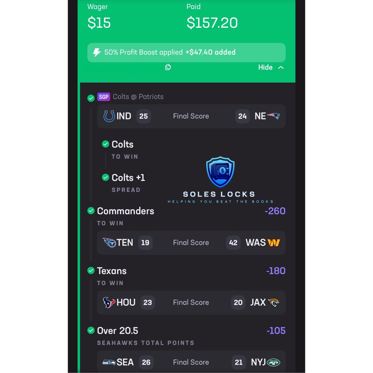 SolesLocks's tweet photo. BAAAANNNNGGGGGG! 🧨🧨🧨
Cash the NFL 1PM games! (+632)

We posted this play on all of our social media platforms. Be sure to follow on Instagram and TikTok so you don’t miss any more plays like this!

#hardrockbet #nfl #gambling #parlay https://t.co/uNWE6QH9AQ