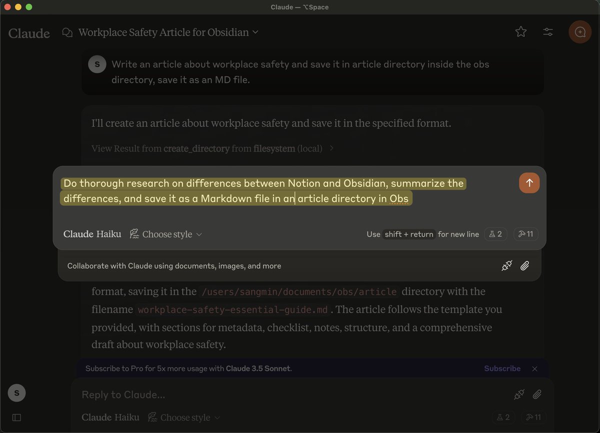 ClaudeのMCPを使えば、ウェブ検索からファイルの保存まで全部やってくれる。MCPって良さそうだけど何に使えばいいのかわからないという方は、Obsidianとの連携をぜひ試してほしい。その良さがすぐわかるはず😇。そして、良さがわかれば使い続けるようになる。