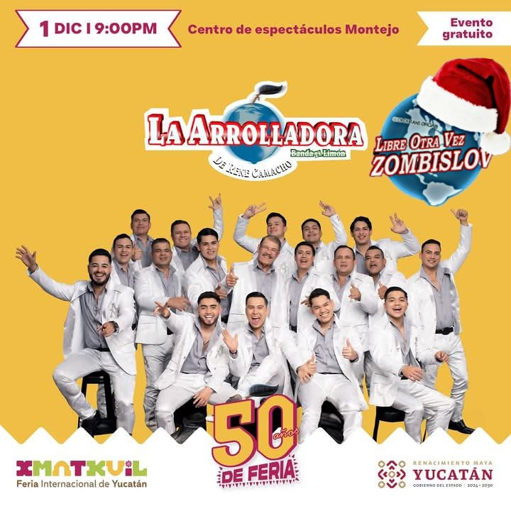🔊 HOY DOMINGO  1⃣ DICIEMBRE  
La  A R R O L L A D O R A
Banda El Limón de Don René Camacho 🕺🏻💚🍋 se presenta en:

 ▪️MÉRIDA, YUCATÁN. 🇲🇽 📍🌏  

Presentando el Tour:

♦️"AQUÍ HAY PARA LLEVAR" 🕺🏻✨💚🍋

#Arrolladora 🤤🕺🏻❤️ 
#ZombisLOV 🍋 💚 
#SomosArrollaFans ✋🏻🍋