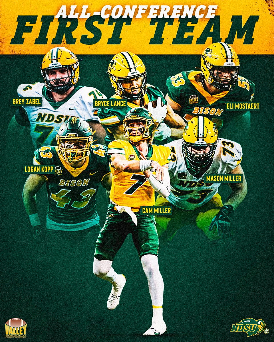 NDSU Football (@ndsufootball) on Twitter photo NDSU has 6️⃣ players on the <a href="/ValleyFootball/">Valley Football</a> all-conference first team.
🦬 QB Cam Miller
🦬 WR Bryce Lance
🦬 LT Grey Zabel
🦬 RT Mason Miller
🦬 DT Eli Mostaert
🦬 LB Logan Kopp NDSU has 6️⃣ players on the <a href="/ValleyFootball/">Valley Football</a> all-conference first team.
🦬 QB Cam Miller
🦬 WR Bryce Lance
🦬 LT Grey Zabel
🦬 RT Mason Miller
🦬 DT Eli Mostaert
🦬 LB Logan Kopp