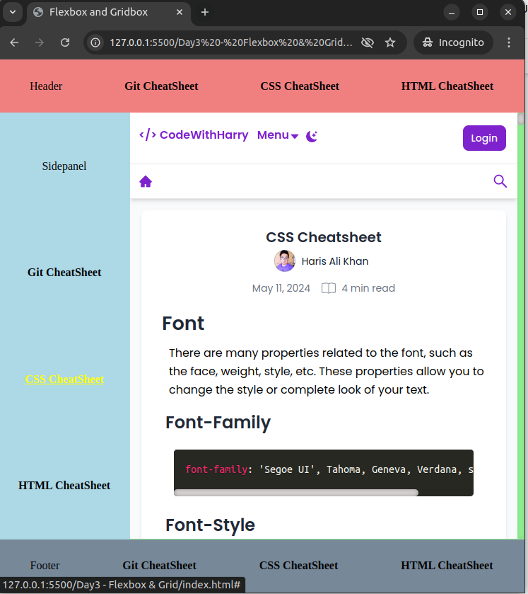 #Day3 Today I dived into Flexbox &amp; Grid to create responsive layouts.
✨ Bonus: Explored how to embed external content with <iframe>.
Feeling pumped about mastering web dev fundamentals! 💻🌟
#WebDevelopment #CSS #LearningJourney <a href="/codewithharry/">Haris Ali Khan</a> <a href="/Hiteshdotcom/">Hitesh Choudhary</a>