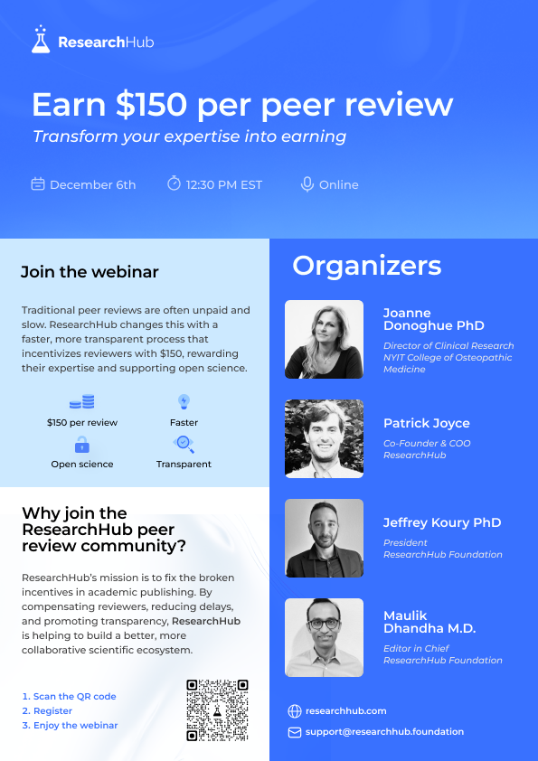 Learn how to earn money with peer review.

Join our webinar with the New York Institute of Technology to discover how ResearchHub is transforming peer reviews.

December 6 at 12:30 PM EST

✅ Faster, transparent process

✅ Support open science

✅ Paid peer reviews

Register