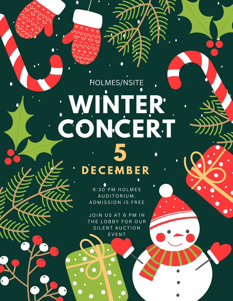 Join us this Thursday December 5 at 6:30 PM for our Husky Band Winter Concert. Arrive early and stop by for our Silent Auction in the lobby starting at 6 PM. Admission is free. See you there 💚💛🎄☃️