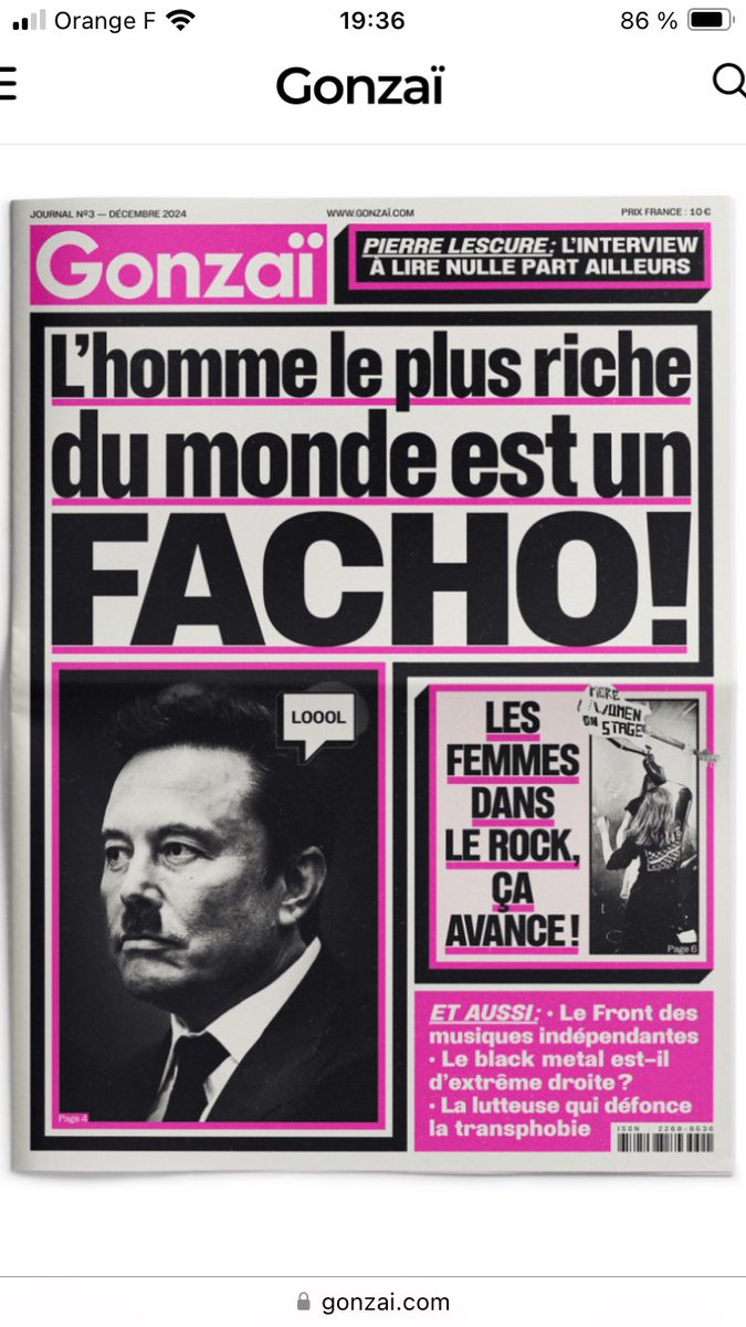 Sinon, pour le tout nouveau numéro de <a href="/Gonzai/">Gonzaï</a> et avant qu’Elon ne ferme mon compte, j’ai longuement interviewé <a href="/pierrelescure/">Pierre Lescure</a>. Au menu, 50 ans
de télé, politique, Canal +, musique, les enfants du woke (ou du rock?),.:. Offrez le pour noël!

gonzai.com/produit/le-jou…