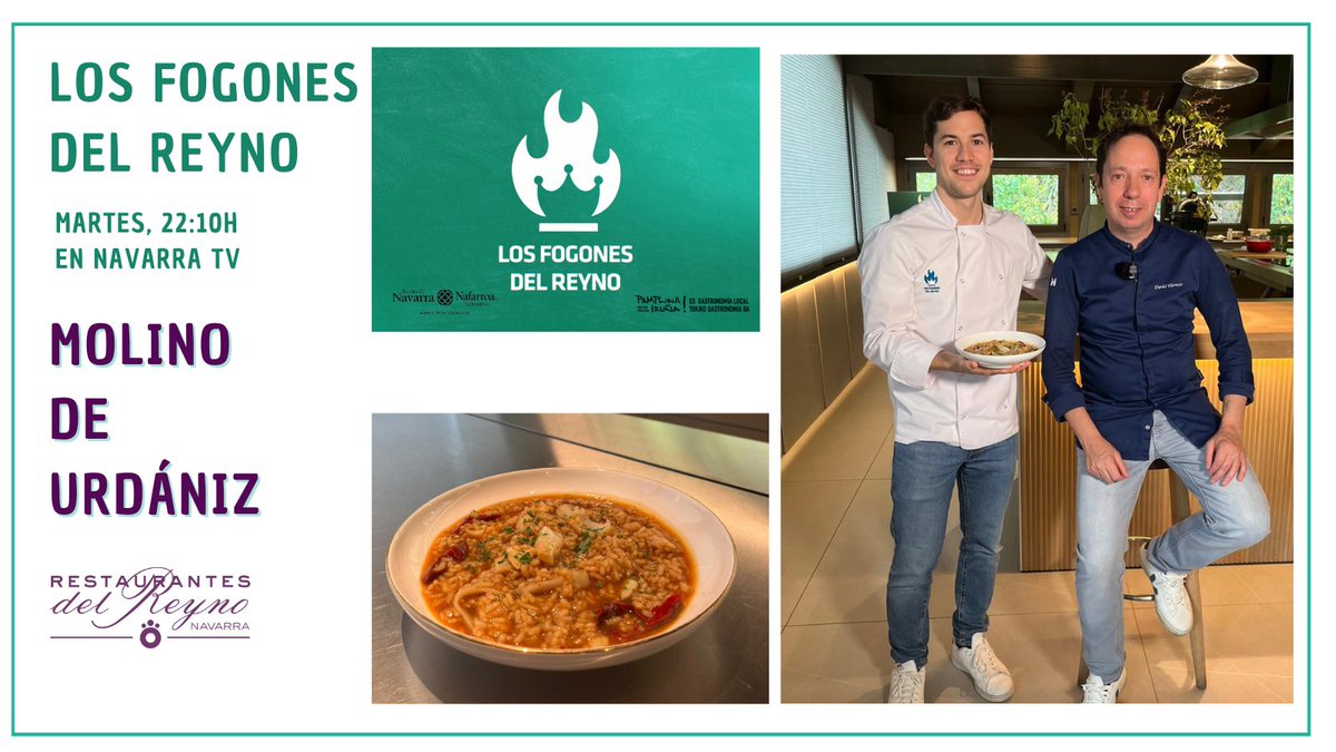 Hoy #LosFogonesDelReyno el <a href="/DavidYarnoz/">David Yárnoz</a>  del #MolinodeUrdaniz preparará un suculento plato👇 
🐟 Arroz con bacalao
📷 Martes 22:10h en <a href="/NavarraTV/">Navarra Televisión</a>
🎬Producido #RestaurantesDelReyno 
📣<a href="/VisitNavarra/">Visit Navarra</a> y <a href="/VisitPamplona/">Pamplona - Iruña Turismo</a>