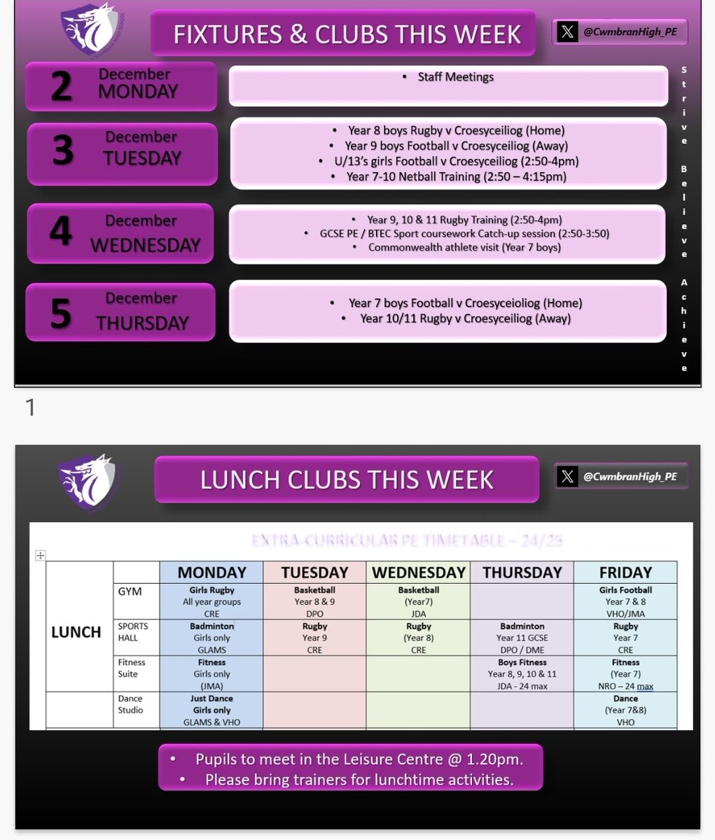 Clubs &amp; fixtures for the week, weather dependent 🌧🌦🌫 #NotInMissOut <a href="/CwmbHSWellbeing/">CHS Wellbeing</a> <a href="/CwmbranHighYr7/">CHS Transition and year 7 with Mrs H</a> <a href="/CwmbranHead/">Matt Sims</a> <a href="/CwmbranHigh/">Cwmbran High School / Ysgol Uwchradd Cwmbran</a>