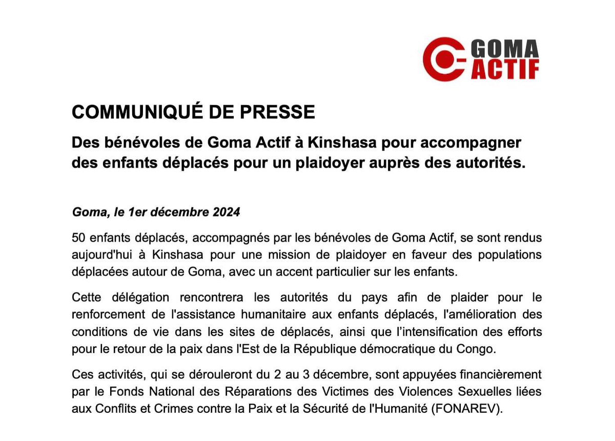 mosange1's tweet photo. 50 enfants déplacés et des jeunes de @Gomactif sont à Kin pour plaidoyer en faveur des déplacées en particulier les enfants le renforcement de l’assistance humanitaire l’amélioration des conditions de vies et l’intensification des efforts pour la paix @AppelsActu @RFIAfrique https://t.co/fE2DxJYI7k