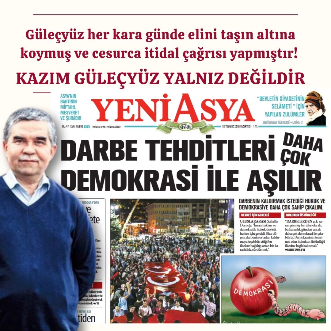 GüleçyüzÖZGÜRLÜK (@gulecyuzfree) on Twitter photo #ManşetlerleYeniAsya ya bir bakalım. Güleçyüz her kara günde elini taşın altına koymuş ve cesurca itidal çağrısı yapmıştır! Herkes gölgesinden korkup susarken, GÜLEÇYÜZ bir dakika düşünmeden İTİDAL VE DEMOKRASİ dedi.
<a href="/GulecyuzYasemin/">Yasemin Güleçyüz</a> <a href="/adalet_bakanlik/">T.C. Adalet Bakanlığı</a> <a href="/TGS_org_tr/">Gazeteciler Sendikası</a> <a href="/yilmaztunc/">Yılmaz TUNÇ</a> #ManşetlerleYeniAsya ya bir bakalım. Güleçyüz her kara günde elini taşın altına koymuş ve cesurca itidal çağrısı yapmıştır! Herkes gölgesinden korkup susarken, GÜLEÇYÜZ bir dakika düşünmeden İTİDAL VE DEMOKRASİ dedi.
<a href="/GulecyuzYasemin/">Yasemin Güleçyüz</a> <a href="/adalet_bakanlik/">T.C. Adalet Bakanlığı</a> <a href="/TGS_org_tr/">Gazeteciler Sendikası</a> <a href="/yilmaztunc/">Yılmaz TUNÇ</a>