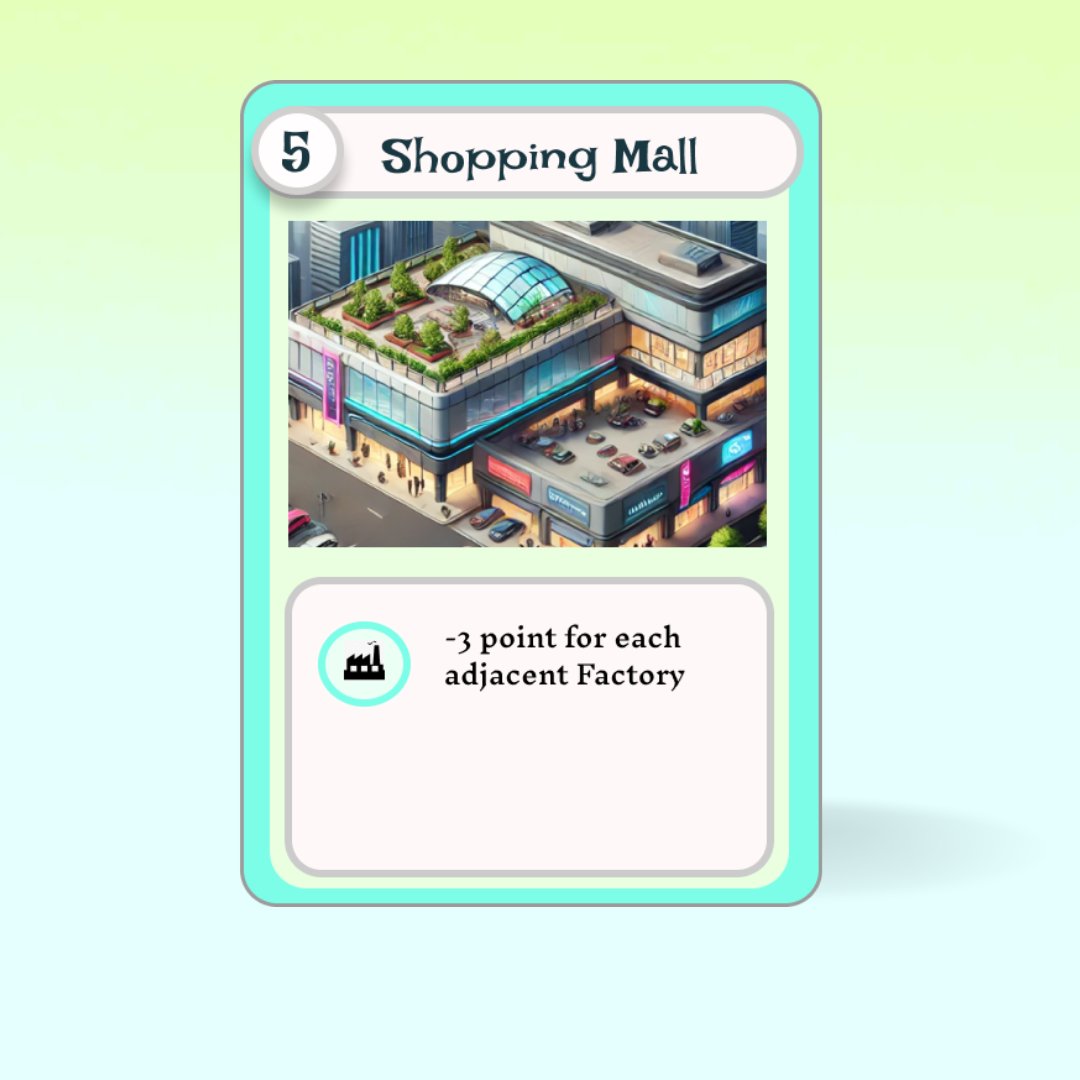 GridCity_'s tweet photo. 🏬 Shopping Mall in Grid City 🌆
Boost your economy but beware! Each adjacent Factory costs -3 points. Plan wisely to balance your city! 🤔
#GridCity #CardGame #CityBuilding https://t.co/pWE9nhrt5e