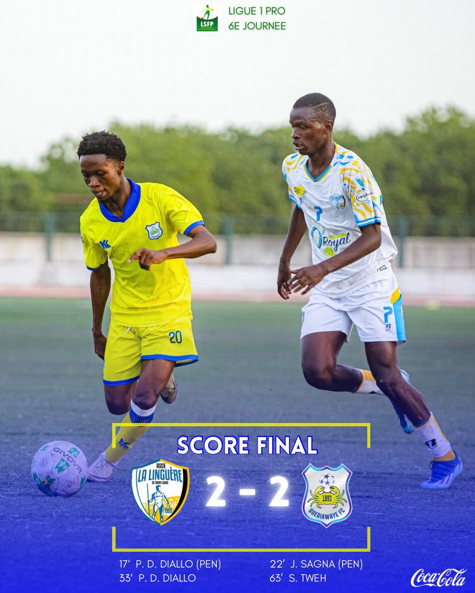 Football_221of's tweet image. Résultats Ligue 1 🇸🇳

Match nul et vierge entre l’@as_pikine  et le Jamono Fatick 

Le @GFoot_Senegal s’incline 2-1 contre le @SonacosDiourbel 

Match nul 2-2 entre @fc_guediawaye et @asce_lalinguere 

#Ligue1Senegal 
#FootLocal
