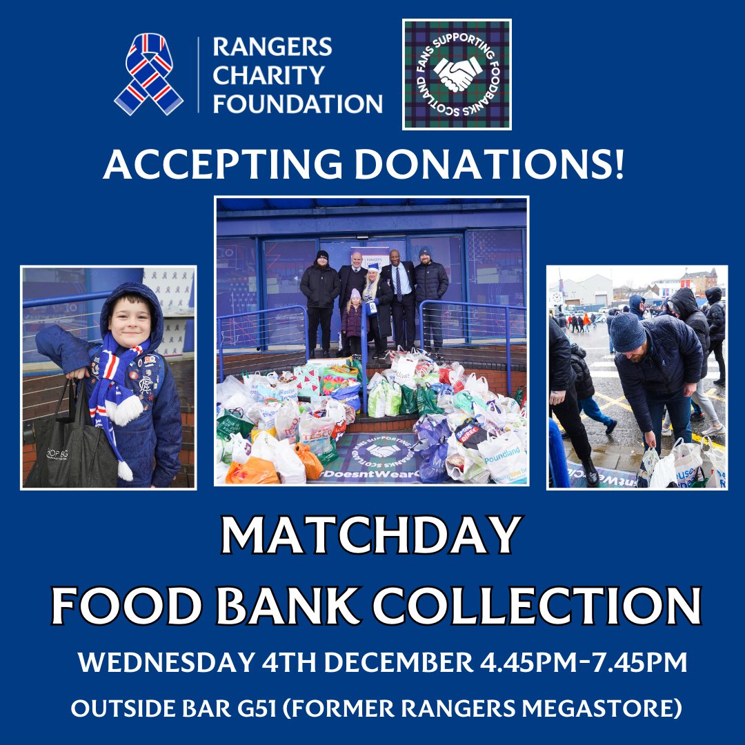 RFC_Charity's tweet image. 🔊We're holding a Foodbank collection outside the G51 sports bar (old Rangers store) on the Stadium footprint before the match against Kilmarnock from 4.45pm on 4th Dec in support of @glasgowswfb and the Riverside Primary School  Foodbank.

All the info ⤵
bit.ly/3Zp9bik
