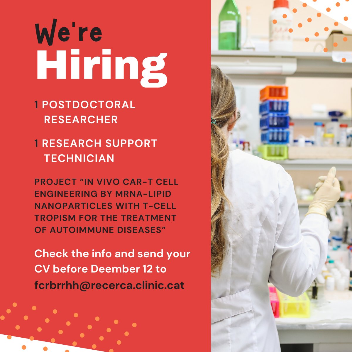 💼👩‍🔬 Join our team! If you have experience in autoimmune diseases or cancer immunotherapy (CAR-T cells), plus skills in cell culture, animal models, and/or molecular biology, check out these positions:

🔬 Technician: clinicbarcelona.org/uploads/media/…
🧪 Postdoc: clinicbarcelona.org/uploads/media/…