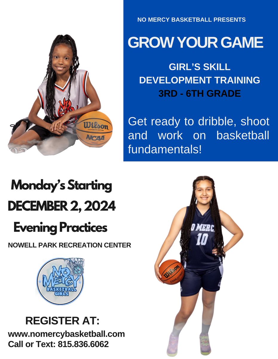 NoMercy_Girls's tweet photo. 🗣️GIRLS 3rd - 6th Grade who want to GROW YOUR 🏀 GAME…Register for our Winter Skill Development Training TODAY!!
https://t.co/JGKcb9TgiK https://t.co/YVA1OKZaZe