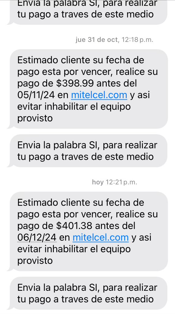 jmanuel_fm's tweet photo. Estimado @Telcel , tus recordatorios más parecen amenazas. El equipo que tengo no te lo compré a ti y no tienes derecho a inhabilitarlo. Si incurriera en mora si podrías suspenderme el servicio. Mientras tanto bájale dos rayitas https://t.co/MfrF7iHEOE
