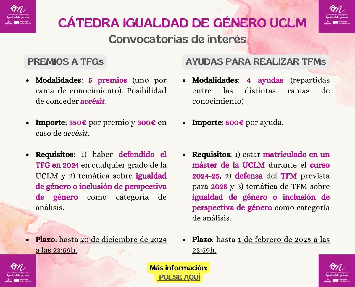 📣Convocatorias (1) Premios TFGs y (2) Ayudas TFMs sobre #igualdaddegénero como temática principal o como categoría de análisis, convocados x Cátedra Igualdad Género <a href="/uclm_es/">Universidad de Castilla-La Mancha</a> <a href="/imujerclm/">Instituto Mujer CLM</a>.🏅5 premios y 4 ayudas para distintas 
ramas de conocimiento. Info 👉 uclm.es/empresas/mecen…