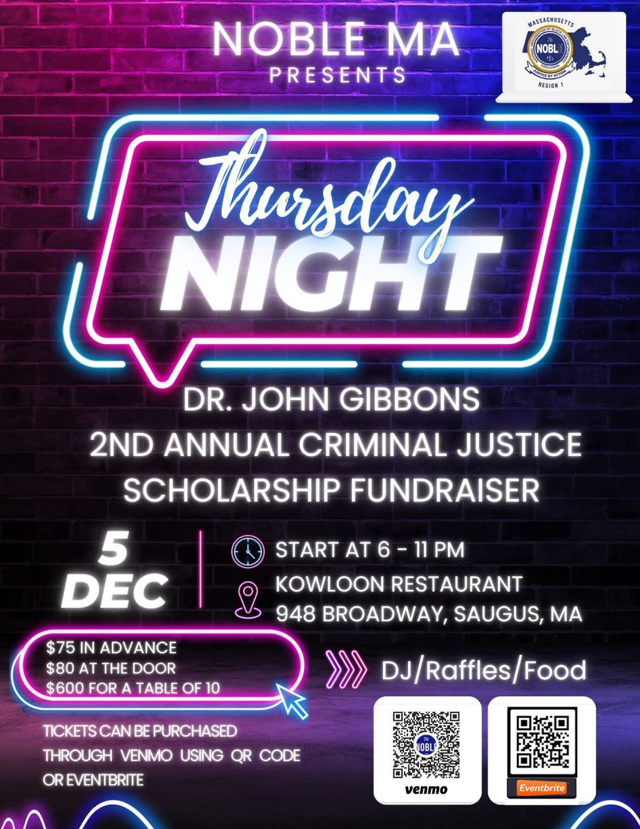 If you haven't done so already, there's still time to purchase your tickets for the Dec 5th fundraising event to support the recipients of the Dr. John Gibbons 2nd Annual Criminal Justice Scholarship.
Get your tickets now at noblemathursdaynight.eventbrite.com