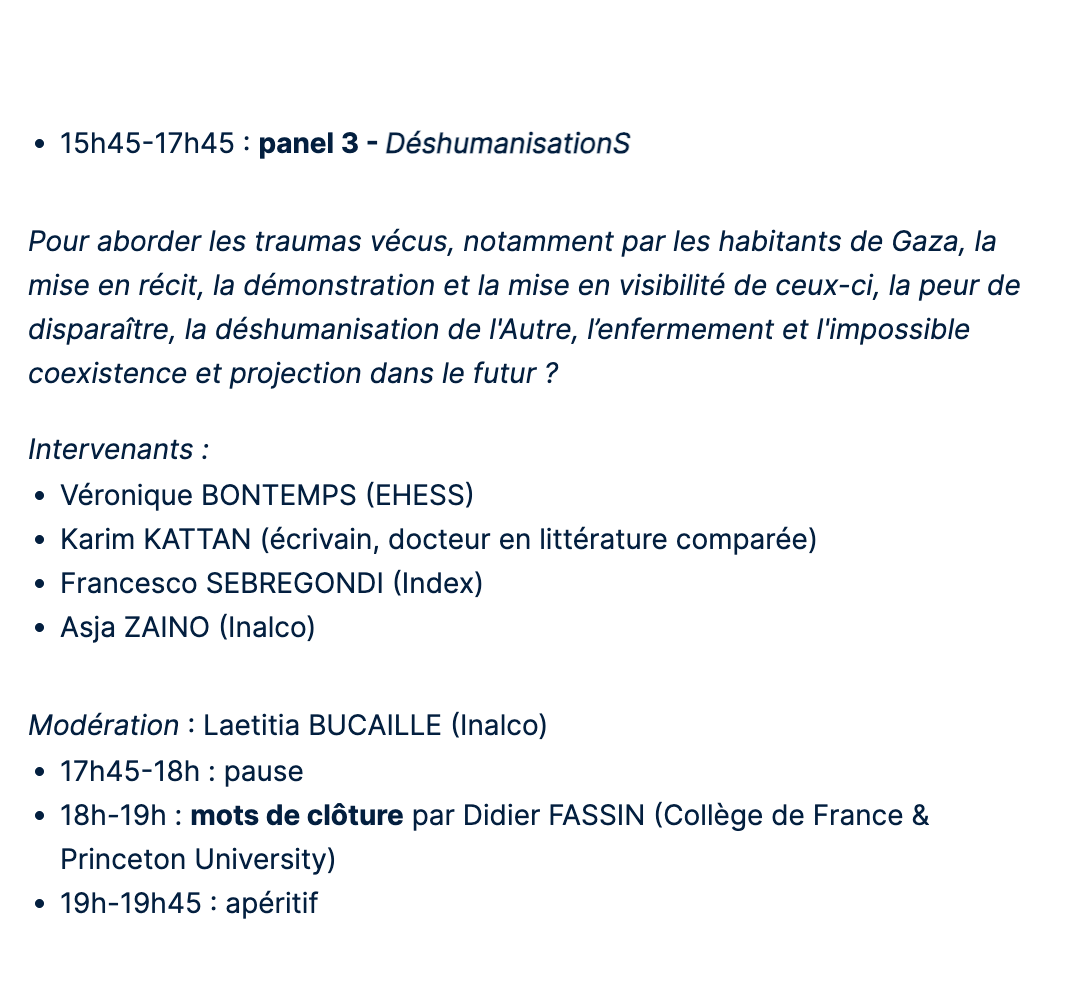 👉 Demain, lundi 2 décembre, journée d'étude "Regarder la Palestine" à l'<a href="/Inalco/">Inalco</a>. 

J'interviendrai dans un panel sur la question de la déshumanisation des Palestinien·nes dans le cadre de l'offensive israélienne en cours sur #Gaza.

➡️ inalco.fr/evenements/reg…