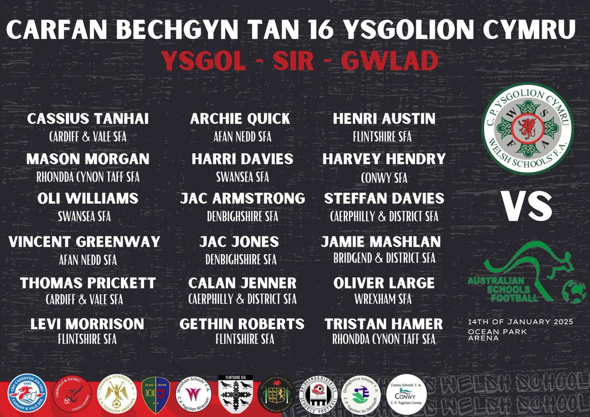 Congratulations to the selected players who have been chosen to represent their #SchoolCountyCountry in the @welshschoolsfa National U16s Representative Team that take on Australia in January. @schoolsportaust