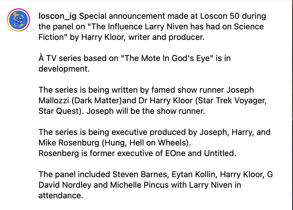 For those asking what I've been working on...
#larryniven #jerrypournelle #themoteingodseye #indevelopment #tvseries #drharrykloor #ScienceFiction #Mote