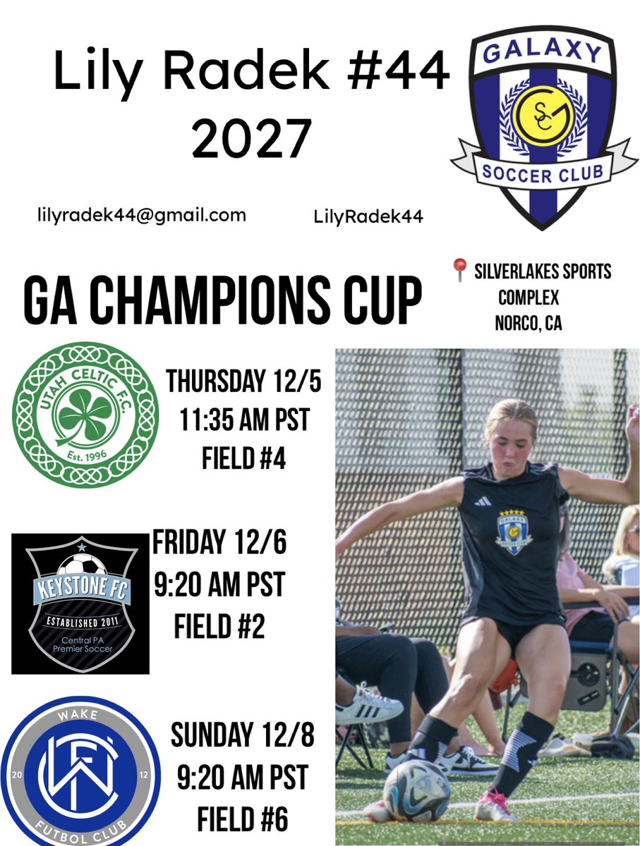 Lily Radek (@lilyradek44) on Twitter photo Here is my schedule for the upcoming GA Champions Cup Playoffs‼️Can’t wait to play against some amazing players. Come watch us play:
<a href="/TopDrawerSoccer/">TopDrawerSoccer</a> <a href="/GalaxySCIL/">Galaxy Soccer Club</a> <a href="/GalaxySC_08GA/">GalaxySC 08 GA</a> <a href="/PrepSoccer/">Prep Soccer ⚽️</a> <a href="/ImYouthSoccer/">ECNL/GA/Recruiting/College Soccer</a> Here is my schedule for the upcoming GA Champions Cup Playoffs‼️Can’t wait to play against some amazing players. Come watch us play:
<a href="/TopDrawerSoccer/">TopDrawerSoccer</a> <a href="/GalaxySCIL/">Galaxy Soccer Club</a> <a href="/GalaxySC_08GA/">GalaxySC 08 GA</a> <a href="/PrepSoccer/">Prep Soccer ⚽️</a> <a href="/ImYouthSoccer/">ECNL/GA/Recruiting/College Soccer</a>