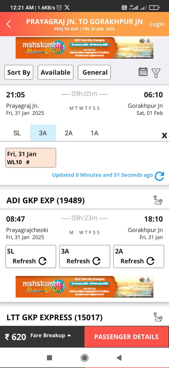 energy_weed's tweet photo. @IRCTCofficial @RailMinIndia @RailwaySeva @nerailwaygkp I tried to book ticket in chauri choura Express at 12:20 am for 31 jan 2025, as it opens 60 day advance. Just  logging after IRCTC site maintenance at 12:20 am it is showing wait list 20. https://t.co/xToOcxY6oq