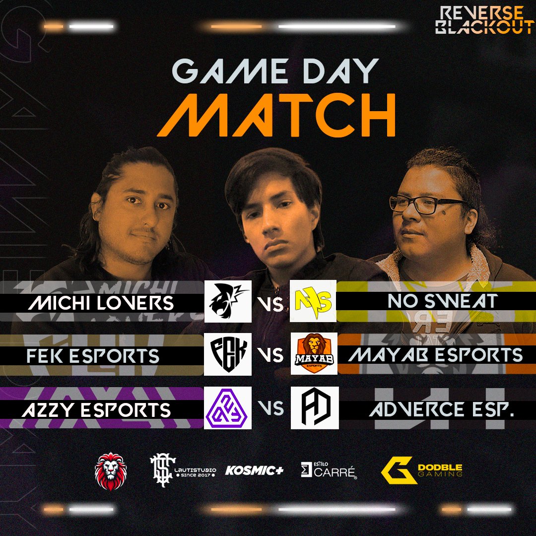 REV3RSE (@reverseleague_) on Twitter photo #MATCHDAY #DIA19
Triple Match? 🤯
Match 1: 6pm MX
<a href="/MichiLovers_es/">MichiLovers</a> 🇲🇽 vs 🇵🇷 <a href="/ggnosweat/">NO⚡️SWEAT</a>
Match 2: 7pm MX
<a href="/FEK_esports/">FEK Esports</a> 🇲🇽 vs 🇲🇽 <a href="/MayabEsports/">Anáhuac Mayab Esports</a>
Match 3: 8pm MX
<a href="/AzzyEsports/">Azzy Esports</a> 🇲🇽 vs 🇺🇸 <a href="/AdverceGaming/">Adverce Gaming</a>
Con las voces de los #Casters
🎤 <a href="/ELcrow95/">EL CROW 🐦⬛</a>
🎤 <a href="/jair_fantasma/">#REV3RSE Jair</a>
🎤 <a href="/MxVengance/">MxVengance/Caster</a> #MATCHDAY #DIA19
Triple Match? 🤯
Match 1: 6pm MX
<a href="/MichiLovers_es/">MichiLovers</a> 🇲🇽 vs 🇵🇷 <a href="/ggnosweat/">NO⚡️SWEAT</a>
Match 2: 7pm MX
<a href="/FEK_esports/">FEK Esports</a> 🇲🇽 vs 🇲🇽 <a href="/MayabEsports/">Anáhuac Mayab Esports</a>
Match 3: 8pm MX
<a href="/AzzyEsports/">Azzy Esports</a> 🇲🇽 vs 🇺🇸 <a href="/AdverceGaming/">Adverce Gaming</a>
Con las voces de los #Casters
🎤 <a href="/ELcrow95/">EL CROW 🐦⬛</a>
🎤 <a href="/jair_fantasma/">#REV3RSE Jair</a>
🎤 <a href="/MxVengance/">MxVengance/Caster</a>
