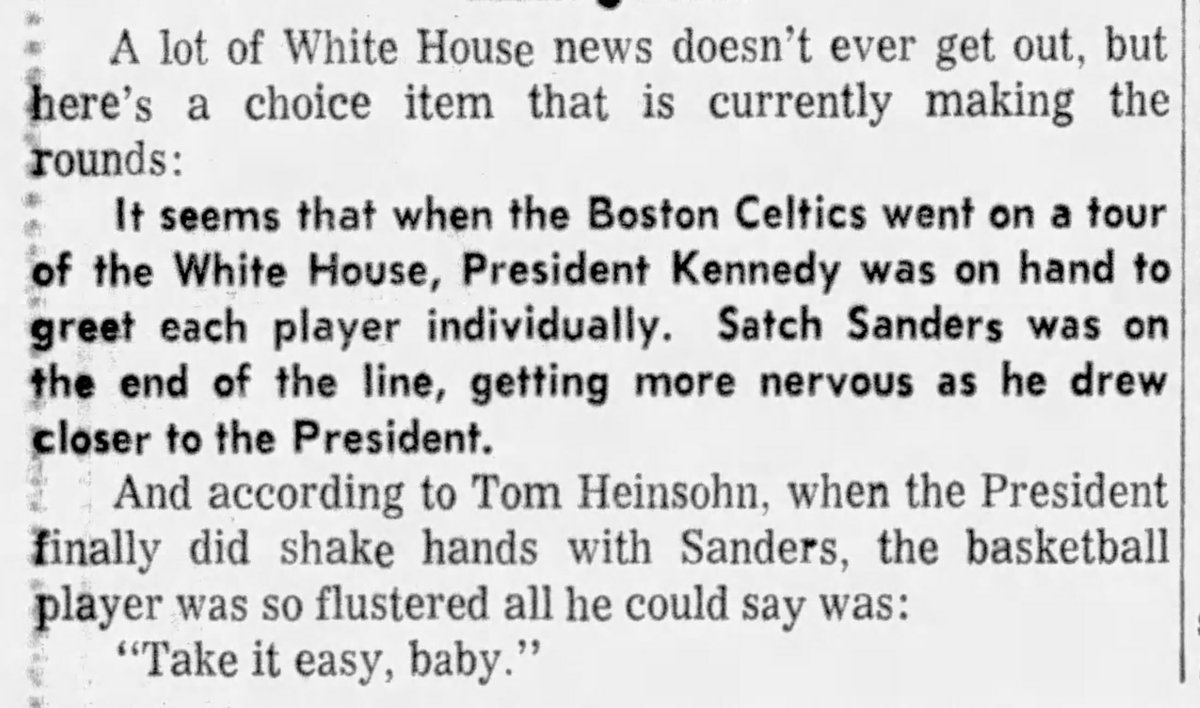 Buddy Lortie (@lortiebuddy) on Twitter photo President Biden just posted on Twitter: "In 1963, President Kennedy welcomed the <a href="/celtics/">Boston Celtics</a> as the first NBA champions to visit the White House."
In 1963, #SatchSanders shook John F Kennedy's hand and said "Take it easy, baby" :) President Biden just posted on Twitter: "In 1963, President Kennedy welcomed the <a href="/celtics/">Boston Celtics</a> as the first NBA champions to visit the White House."
In 1963, #SatchSanders shook John F Kennedy's hand and said "Take it easy, baby" :)