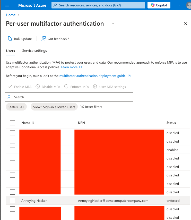 Fwiw, here are the steps to recreate. I have not omitted any verification texts.

Images 1 &amp; 2. Enable SMS MFA (because you should have it disabled!) only for a specific group, add your test user to that group. SMS sucks and don't wanna make your whole tenant insecure, even if