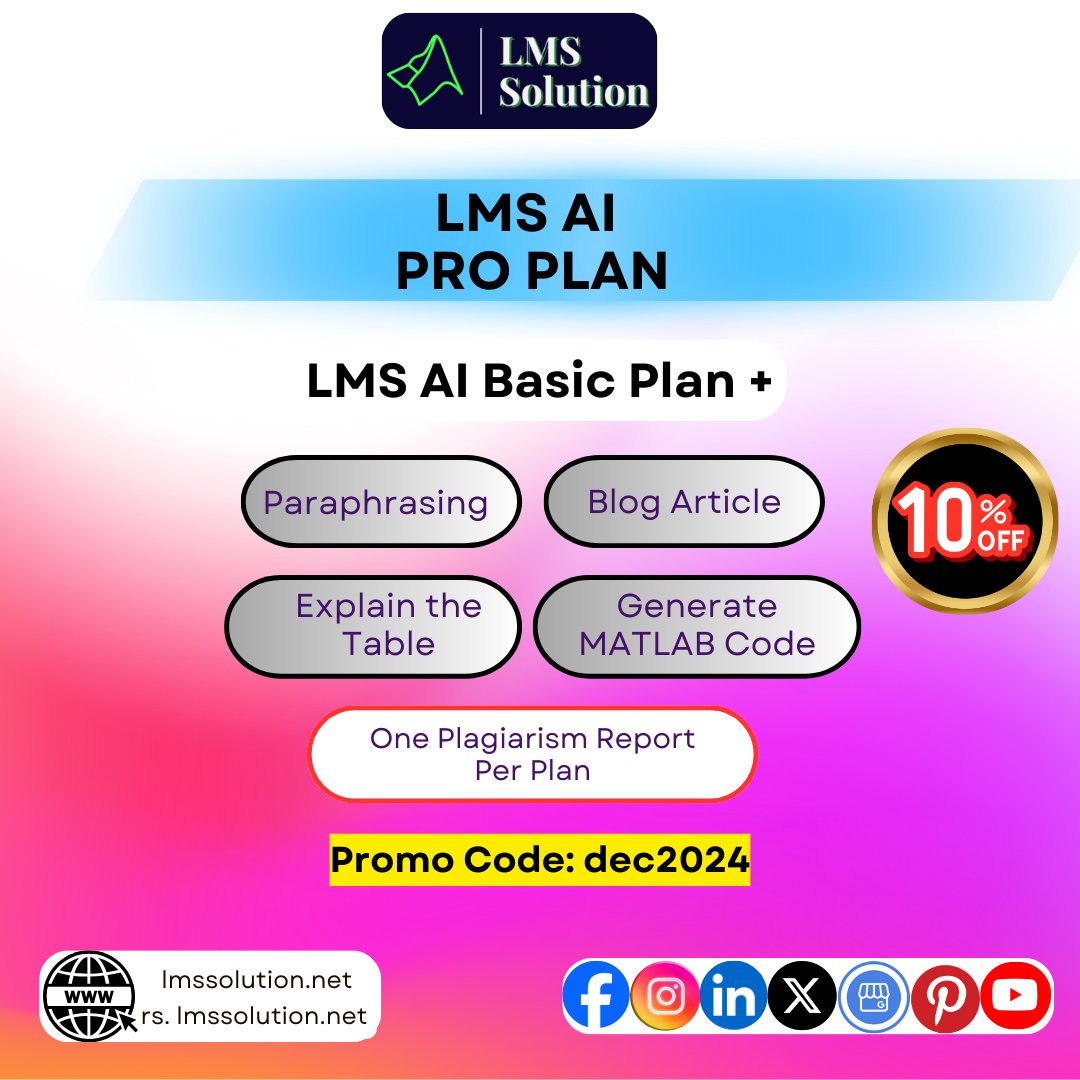 Lms_Solution's tweet image. LMS AI Pro Plan
You can access our LMS AI Pro Tool for 21 days. One Plagiarism Report per plan
rs.lmssolution.net/plans-pricing
#LMSAIPro #AIProPlan #PlagiarismReport #EdTech #LearningManagementSystem #ArtificialIntelligence #OnlineLearning #EducationTechnology #AI #LearningAnalytics