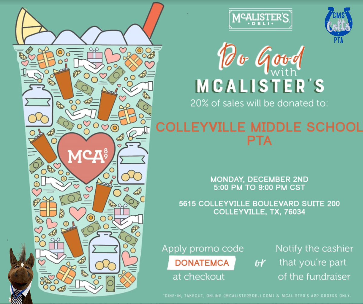 cmscoltspta's tweet photo. A great way to start off the week after Thanksgiving. NO COOKING!
See you at McAlisters Colleyville from 5pm-9pm Monday for dinner.
Help our PTA get 20% of all proceeds!
#CMSPTA
#GCISD https://t.co/o6A2eaIp62