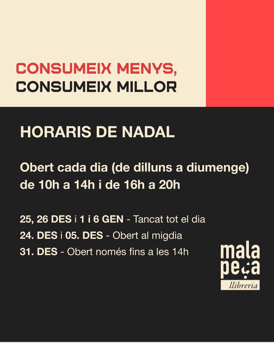💥 A la llibreria ja estem preparades per les vostres visites d'aquests dies i per recomanar-vos de manera responsable.

Consumeix cultura i fes-ho a espais cooperatius i de proximitat!

➡️ Coneix els nostres horaris des de l'1 de desembre fins al 6 de gener.