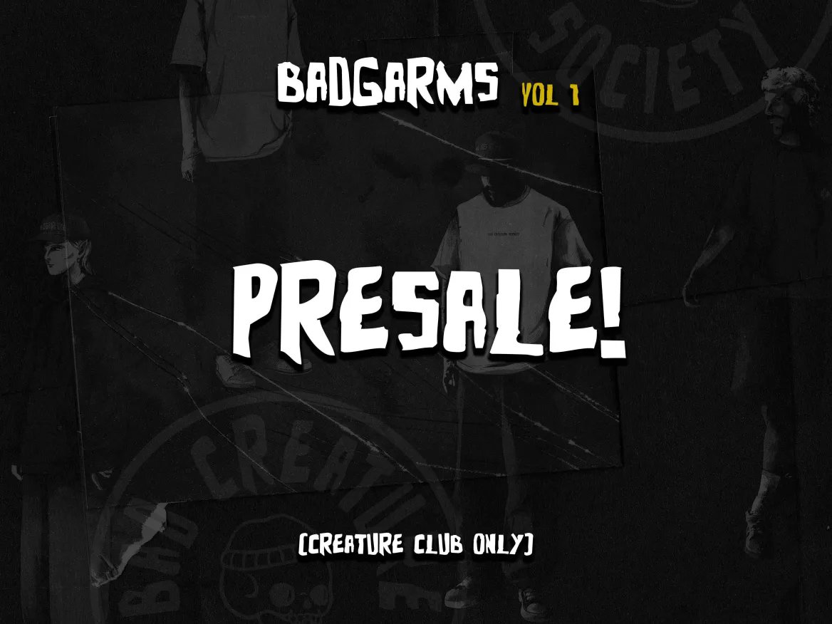This week, we're dropping the Bad Garms Vol I x Creature Club Presale. 

Where those holding 20+ Bad Creature NFTs will be getting first dibs on the entire drop:

i) The Heavy 'Bad Creature Society' Minimal T (White)
ii) The Classic 'Bad Creature Society' Minimal T (Lilac)
iii)