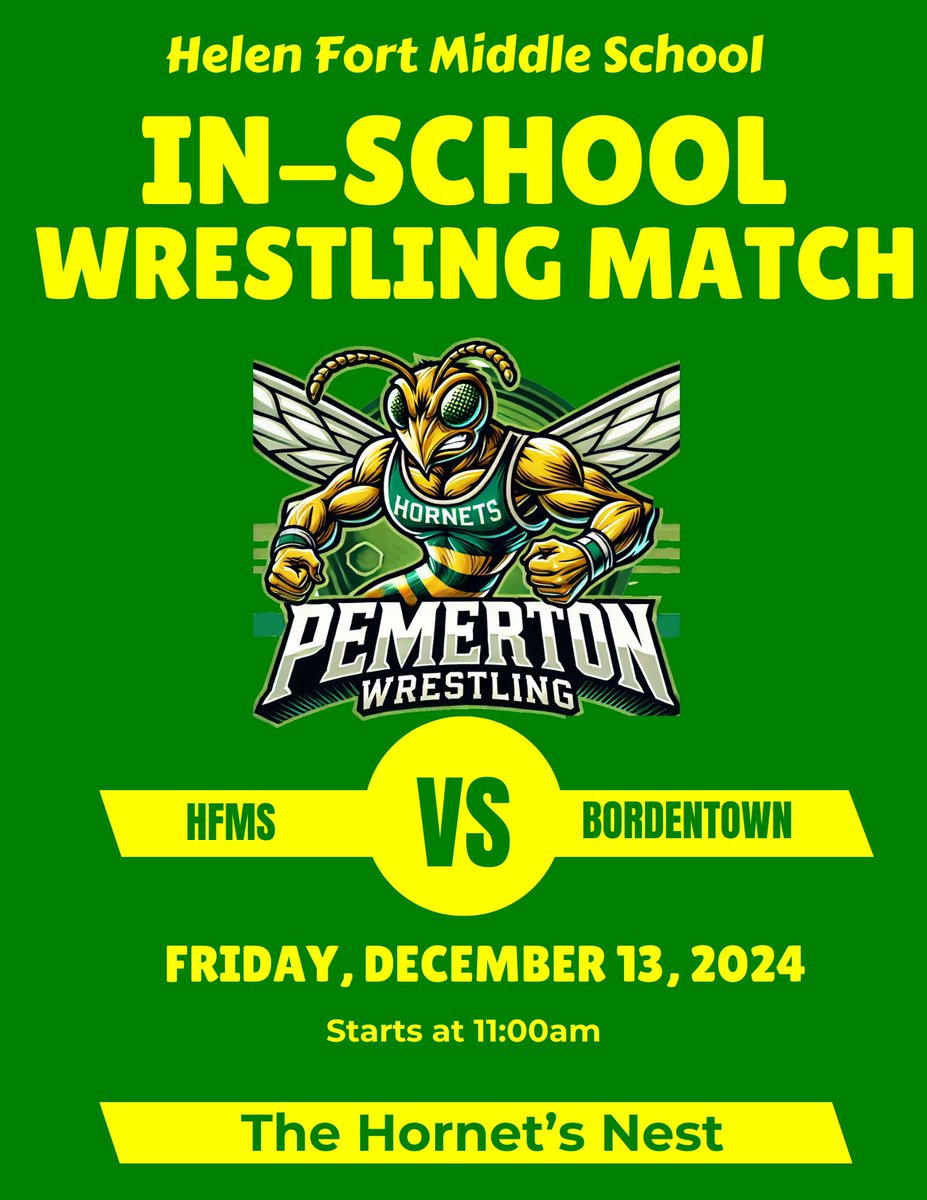 Here we go. The HFMS Hornet Wrestling Team is scheduled to take on Bordentown during the school day. 

The Hornet's Nest will surely be....buzzing!