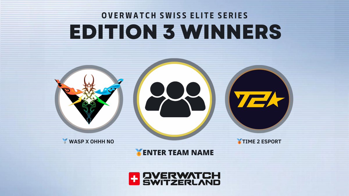 The third edition of the Overwatch Swiss Elite Series has concluded, crowning its champions! 🏆 #OWSES

🥇Enter Team Name
🥈<a href="/waspxohno/">WASP X OH NO</a>
🥉<a href="/time2esport/">T2 ESPORT</a> 

Huge thanks to all players, teams, casters, and staff involved for making this event a success! 💓