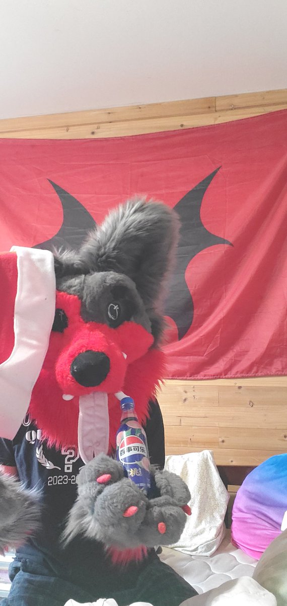 MiryrW's tweet photo. It's December, so the comically large Santa hat is back. #furry #furries #fursuit #hellhound #hellwolf #norixxthewolf #lycan #hellwolffurry #fursuiter #december #furryfandom #partialfursuit #partialfursuiter #wolffursuit #demonwolf #pepsi #wolffurry #fyp https://t.co/2f00KRvQQ6