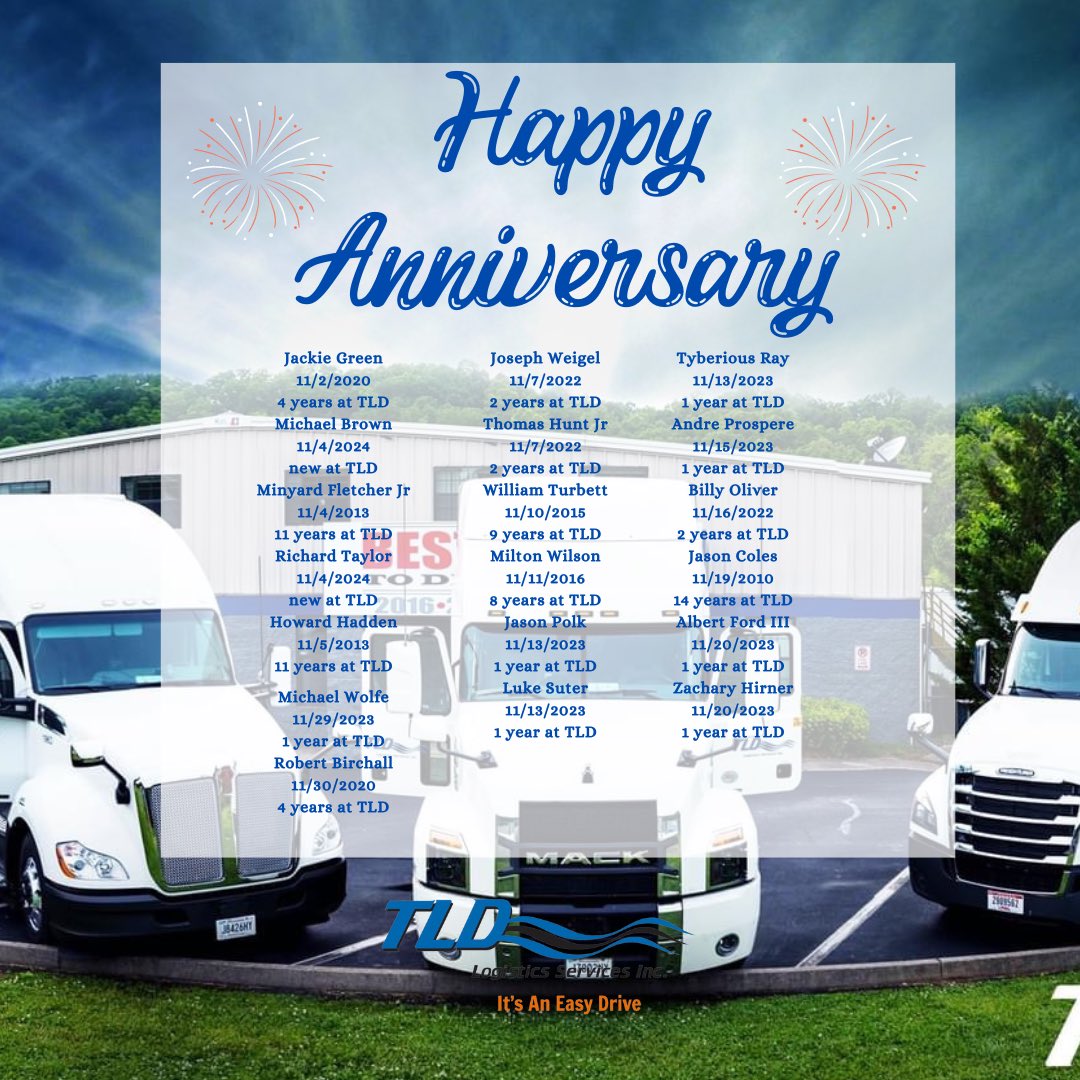 Happy TLD Anniversary to these fine folks. Thanks for everything you do to make TLD one of the Best Fleets to Drive For! 🎉 #ItsAnEasyDrive