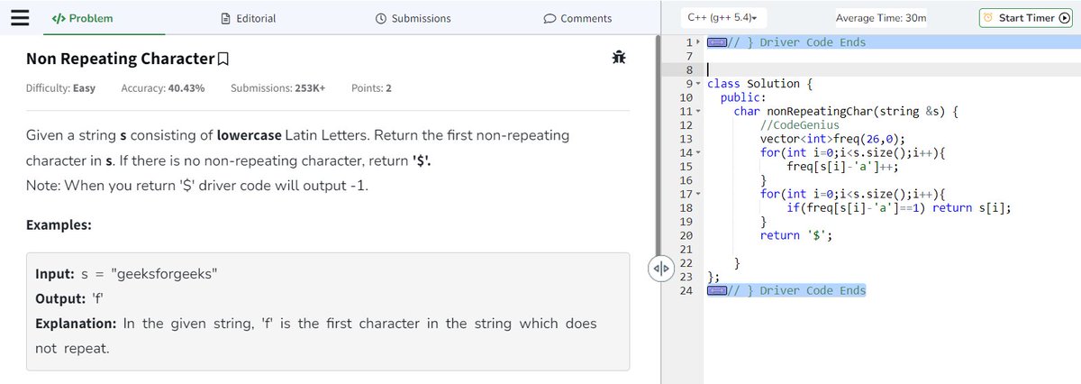 devoted_techie's tweet image. 🚀 Day 16/80 of #GeekStreak2024! 🎯
💡 Problem: First Non-Repeating Character 🧐✨
#GFG161 #CodingChallenge #GeeksForGeeks #NonRepeating #ProblemSolving