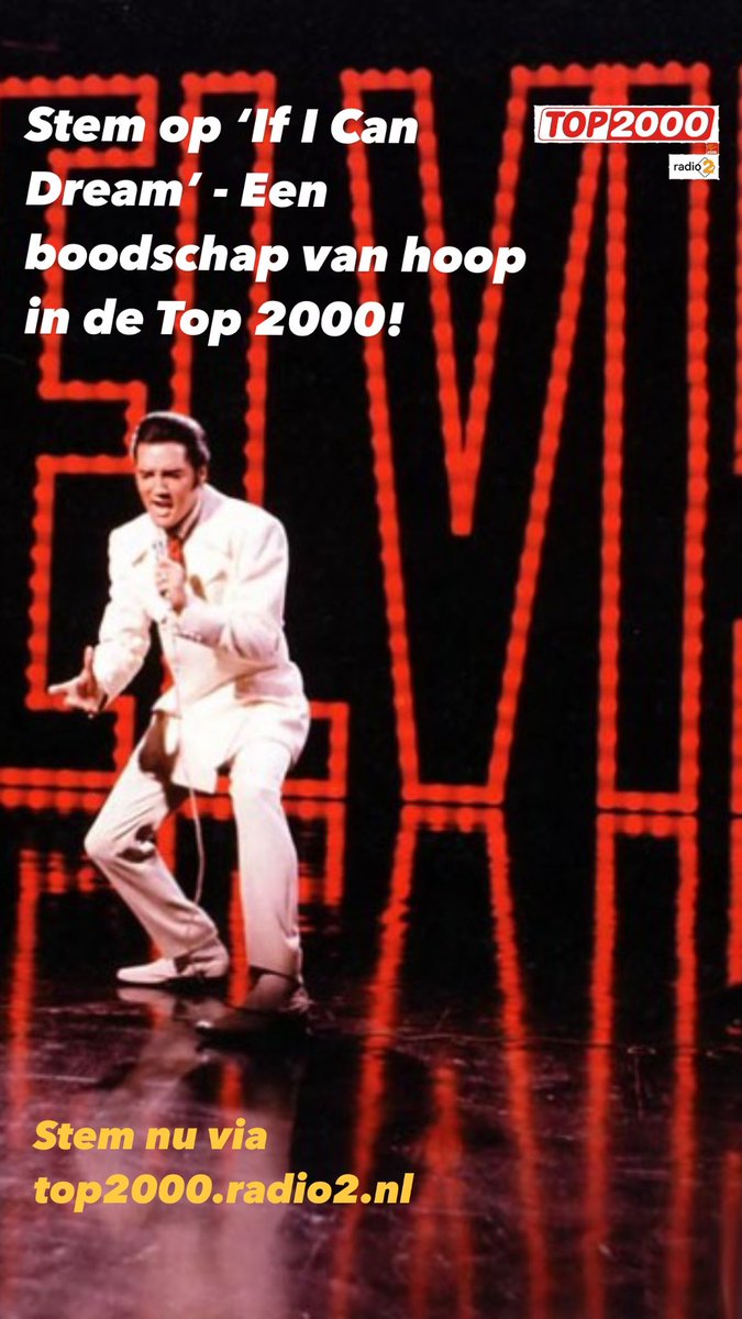 Stem op “If I Can Dream” voor de Top 2000 en laat dit tijdloze nummer schitteren met zijn boodschap van hoop en eenheid. 💫
𝗦𝘁𝗲𝗺 𝗻𝘂: top2000.radio2.nl!
“If I can dream of a better land…” 🎶
#ElvisPresley #IfICanDream #Top2000 #StemElvis #KingOfRockAndRoll #ElvisFans