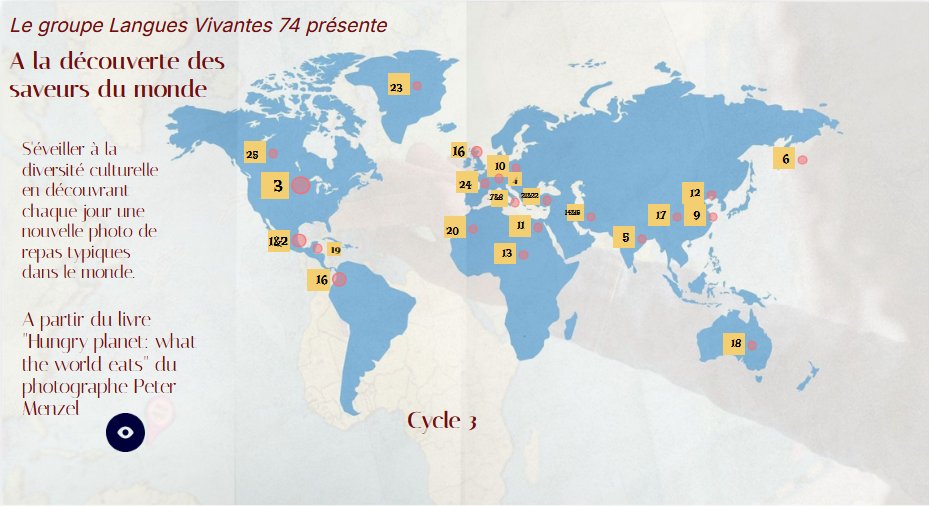 Le groupe départemental "langues vivantes 74" vous propose un calendrier de décembre cycle 3, « A la découverte des saveurs du monde ». Vous découvrirez chaque jour une nouvelle famille, ses habitudes alimentaires et culturelles. 
 …-education-dsden74.web.ac-grenoble.fr/langues-vivant…
<a href="/dsden74/">DSDEN 74</a> <a href="/lve74/">LVe7</a>