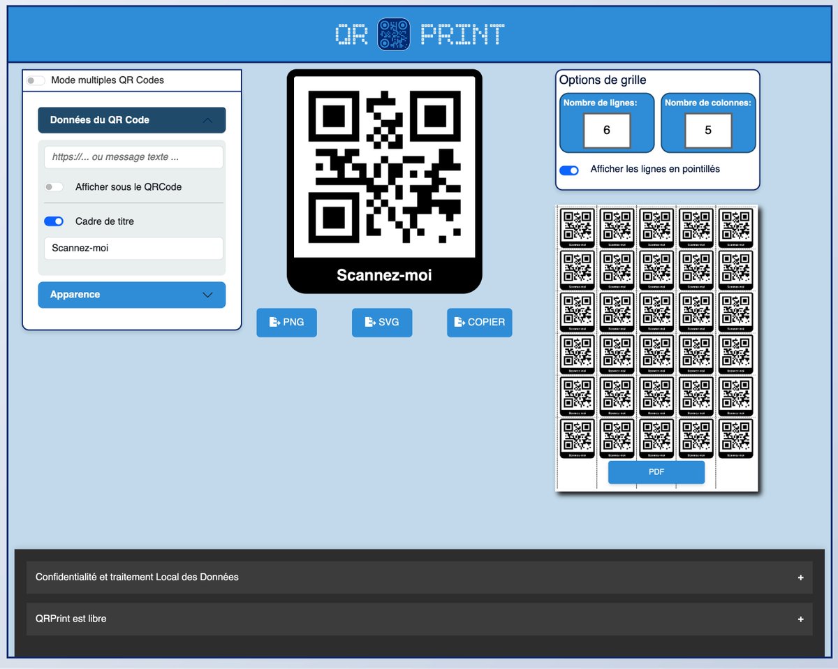 🖥️ Le QRPrint : outil hébergé sur La Forge des communs numérique <a href="/LeLibreEdu/">Le Libre Éducatif</a> qui permet de générer des QR codes ainsi que des grilles automatiques en PDF à imprimer (pour le collages sur des copies par exemple)

Libre, gratuit et RGPD