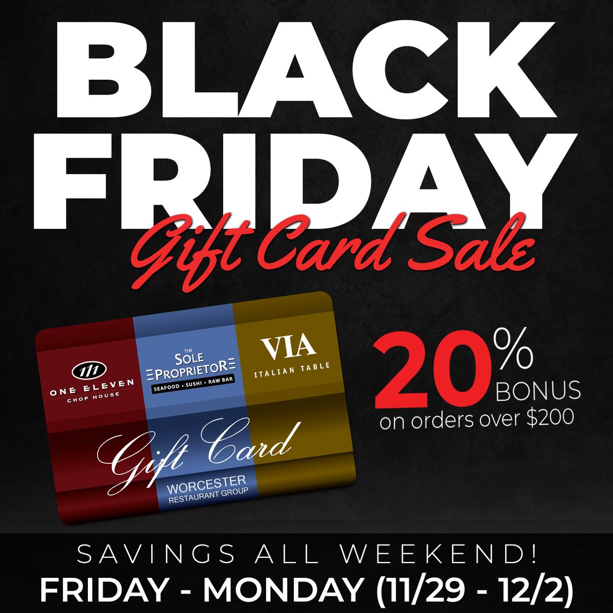 111ChopHouse's tweet photo. Special Black Friday thru Cyber Monday Gift Card Sale! Get a 20% bonus card with every purchase of gift cards totaling $200 or more. 
https://t.co/jxlp2qMH0z https://t.co/qGHRTxKpGw