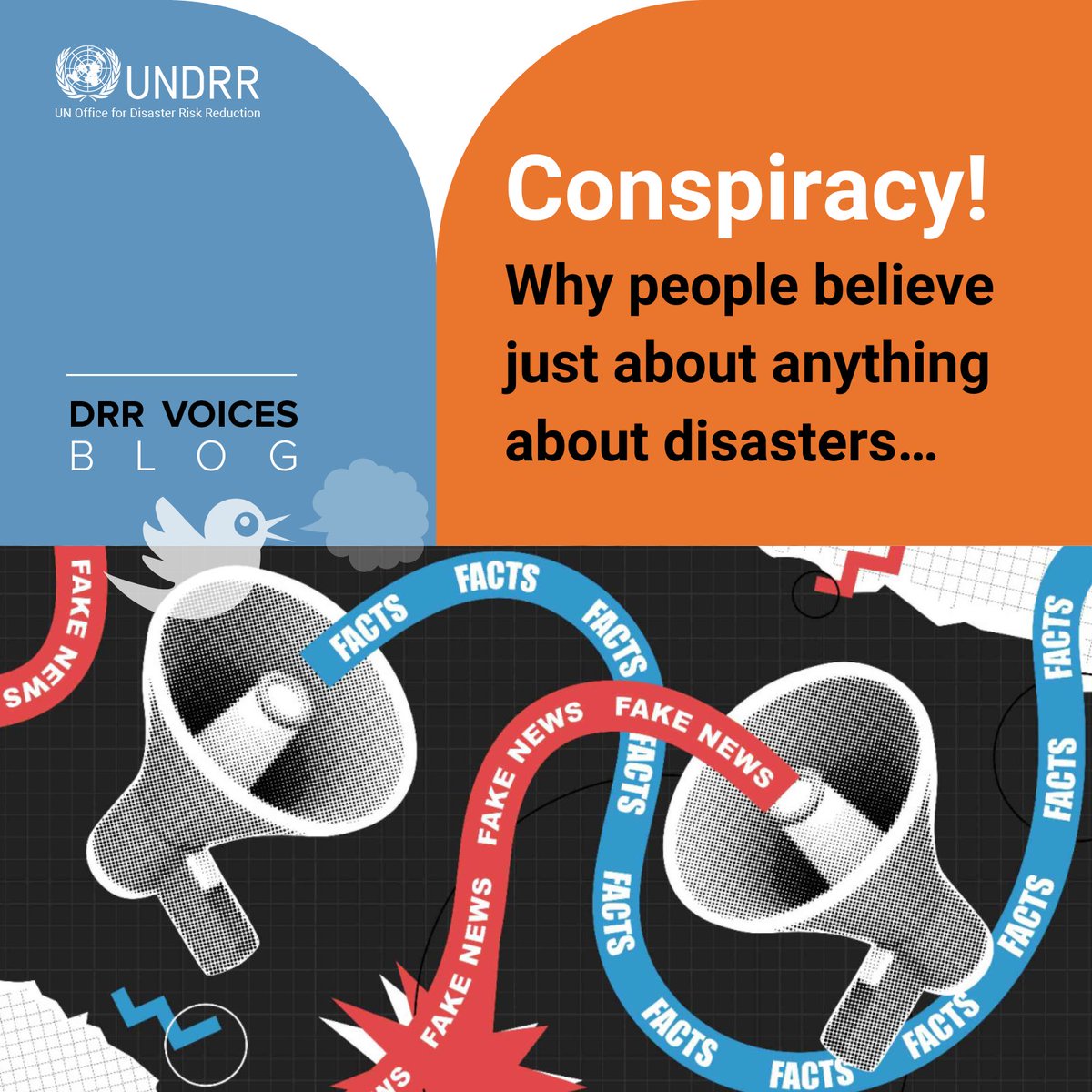 UNDRR's tweet photo. 🌩️ When disasters strike, conspiracy theories burst forth. 🕵️‍♀️💭

The latest #DRRvoices blog entry, on #PreventionWeb, discusses  why conspiracy theories erupt when disasters hit, what type of theories emerge, and how they can be countered. ➡️ https://t.co/8DJUgLiD5n https://t.co/C8BQF9ZnEM