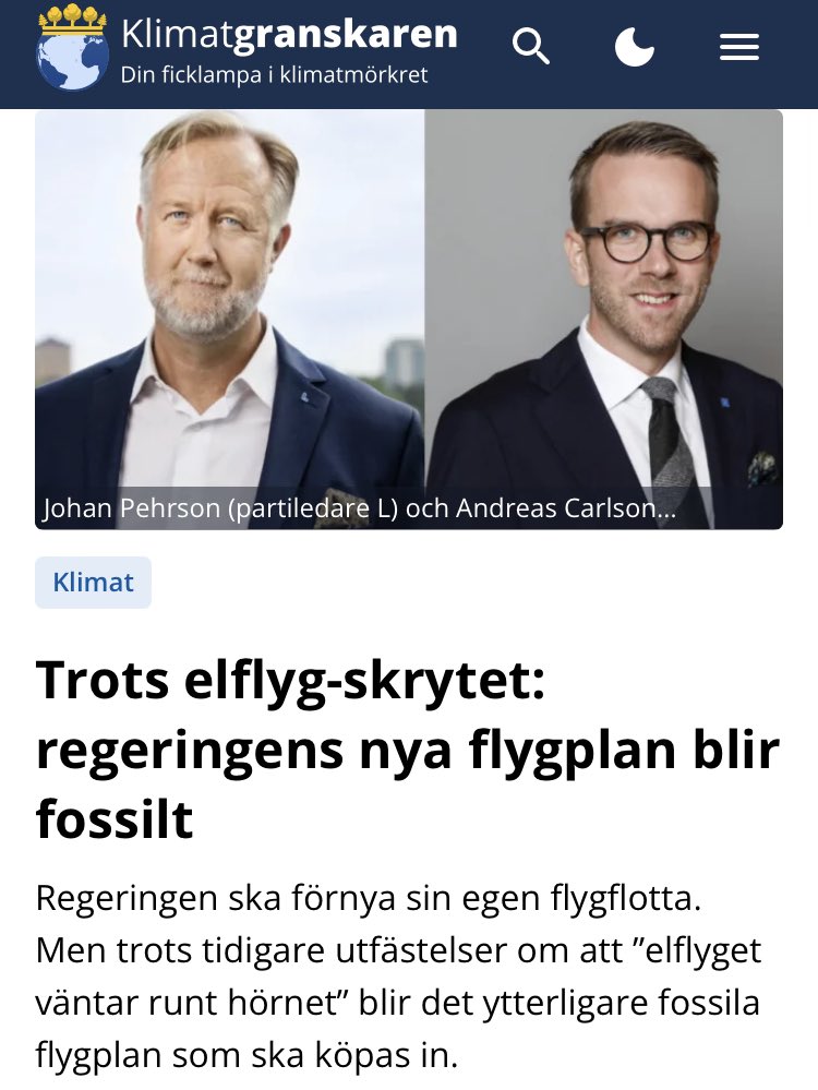 Klimatgranskarn's tweet photo. ”Det hållbara flyget kommer snart att vara ett faktum”, sa infrastrukturministern i somras. Men det tycks inte gälla för regeringen, som väljer ett fossilt flygplan när statsflyget ska köpa in ett nytt. https://t.co/p9DoRkhcAE