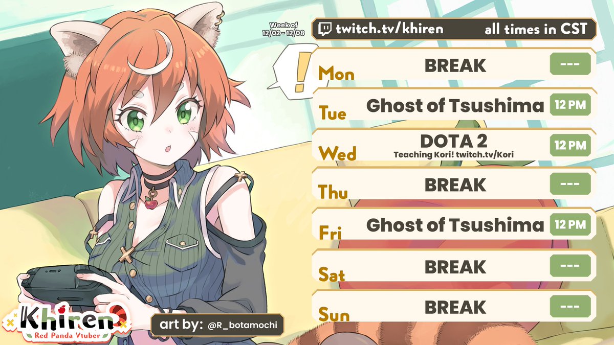 _Khiren's tweet photo. ✨🍎WEEKLY SCHEDULE🍎✨

TUES: Starting Ghost of Tsushima on the hardest difficulty!
WED: Teaching @KingpinKori to play Dota 2! No toxic gamer hours here, no waaaay...
FRI: More Ghost of Tsushima!

See you there~ 🍎✨

#AppleCorps #VTuber https://t.co/2fWJ7k4zz1