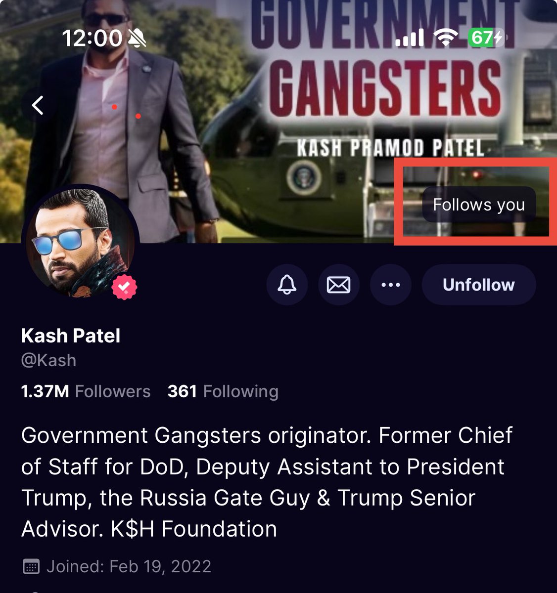 Wall Street Apes on X: "Don't mean to brag but the new Director of The FBI has been following and sharing my posts for years 💥 Kash Patel has officially come to