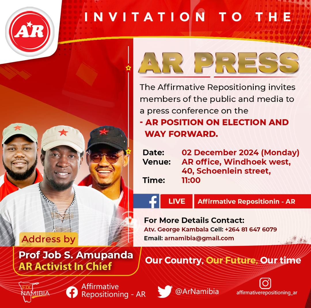 ArNamibia's tweet photo. ♦️◻️The ACTIVIST IN CHIEF of the Affirmative Repositioning will be addressing the media on our stance on the election results and the way forward! We are kindly inviting members of the fourth estate, and the general public at large to this engagement.
#OurCountry
#OurFuture https://t.co/OpzOoW2h47