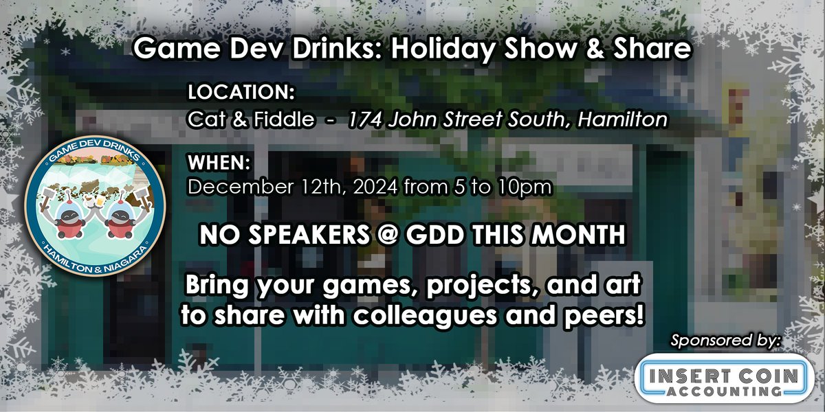 Dec GDDs will be a more informal Holiday party format... no speakers just bring what you have been working on and share it with the community.

Hope to see Dec 12th

#indiegamedev #gamedev #hamiltonontario #toronto #niagara #kitchenerwaterloo #guelph
eventbrite.ca/e/game-dev-dri…