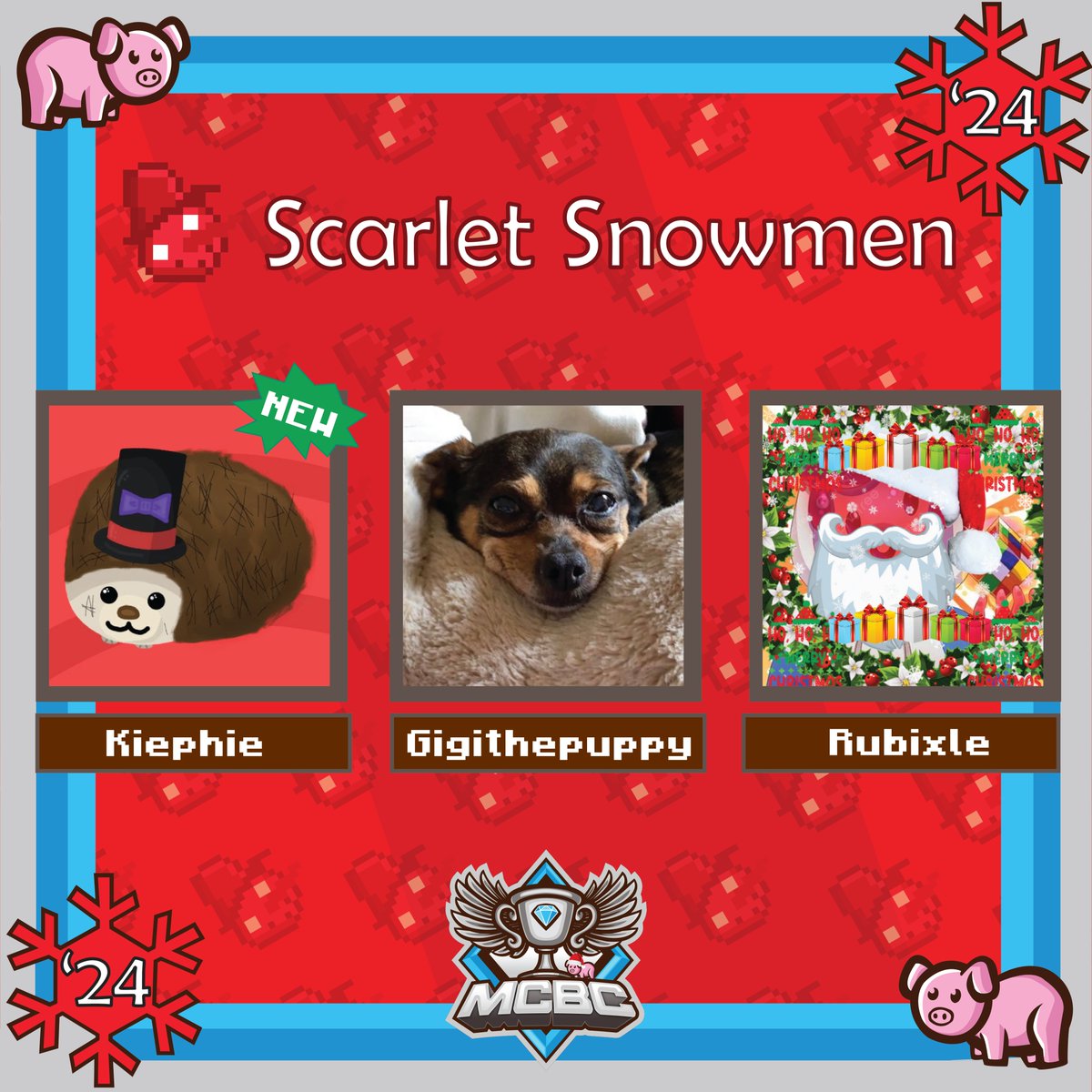 Announcing MCBC Festive 2024 Team: The Scarlet Snowmen! <a href="/kiephie/">Kiephie</a> <a href="/Gigithepuppy_/">Gigithepuppy</a> &amp; <a href="/Rubixle/">Rubixle</a> watch them play on Sunday December 15th 2024 at 2pm EST!